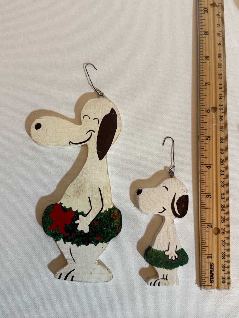 Snoopy Peanuts Christmas Wreath Wood Ornaments Set of 2 Hand Painted 1980
